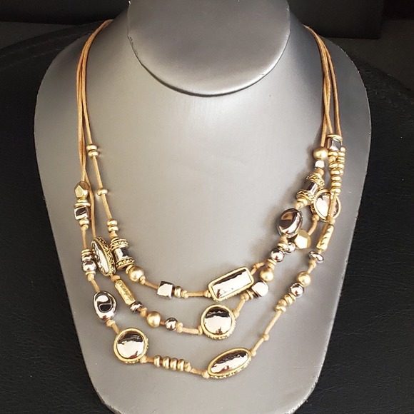 Chico's Three Strand Silver Tone Hammered Beads with Gold Accents on Tan Cord - Picture 10 of 10